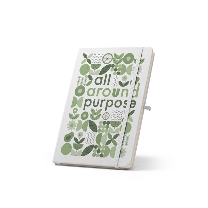 Libreta eco en poliéster reciclado con portaboli A5 hojas a rayas color blanco imagen con logo Libreta eco en poliéster reciclado con portaboli A5 hojas a rayas color blanco imagen con logo