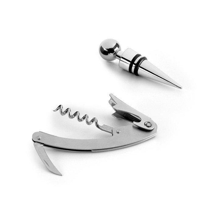 Set de vino de zinc con tres utensilios y caja incluidos color plateado mate