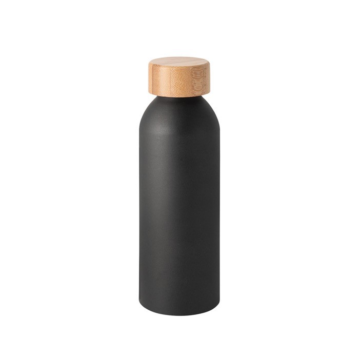 Botella de aluminio con tapa de bambú y acabado mate 550ml color negro Botella de aluminio con tapa de bambú y acabado mate 550ml color negro