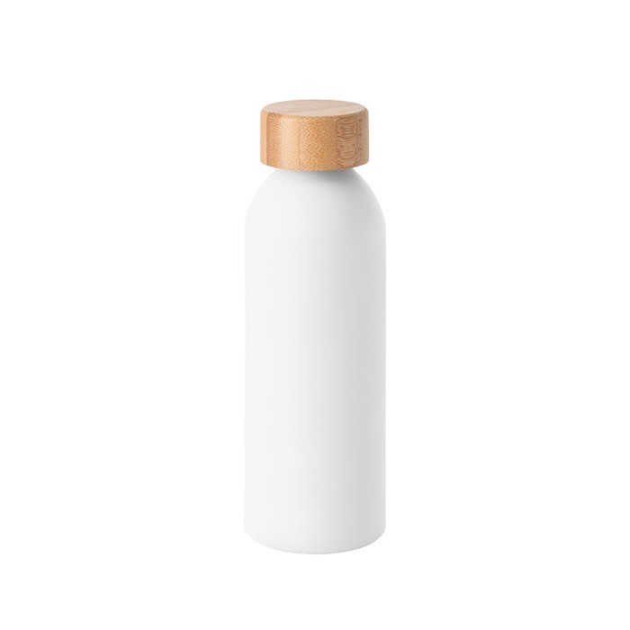Botella de aluminio con tapa de bambú y acabado mate 550ml color blanco Botella de aluminio con tapa de bambú y acabado mate 550ml color blanco