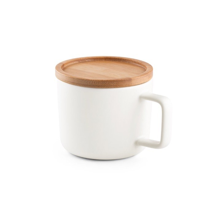 Taza de cerámica con tapa de bambú color blanco