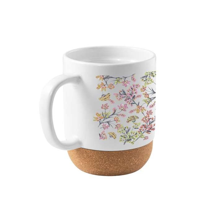 Taza de cerámica para sublimación con base de corcho extríble 390ml color blanco imagen con logo