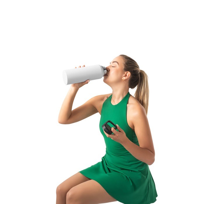 Botella de acero inoxidable 90% reciclado con doble pared 1,2L color blanco tercera vista Botella de acero inoxidable 90% reciclado con doble pared 1,2L color blanco tercera vista