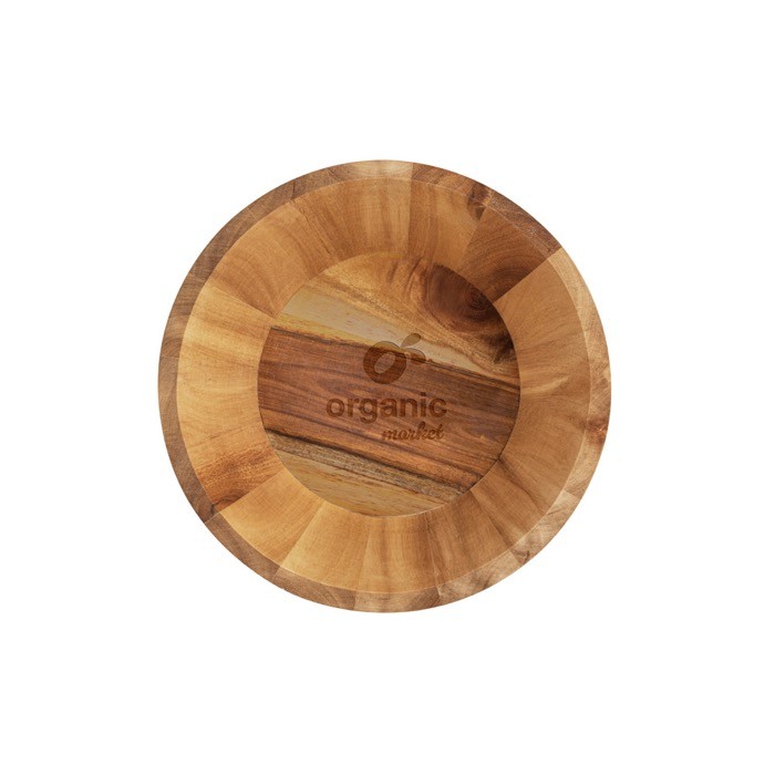 Ensaladera de madera de acacia certificada con forma redonda color madera oscura imagen con logo 2