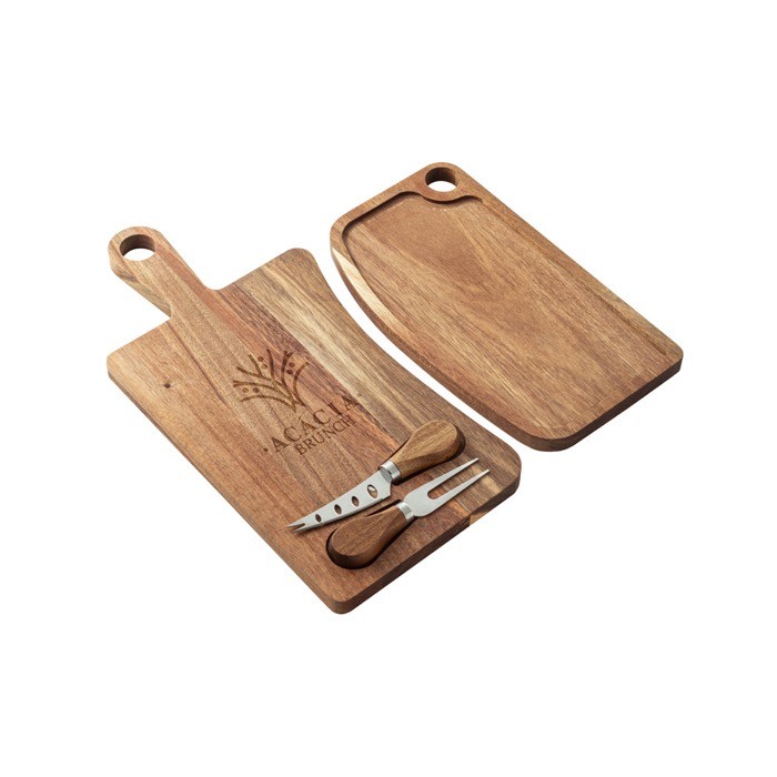 Tabla para cortar quesos de madera de acacia con 2 utensilios color madera oscura imagen con logo 4