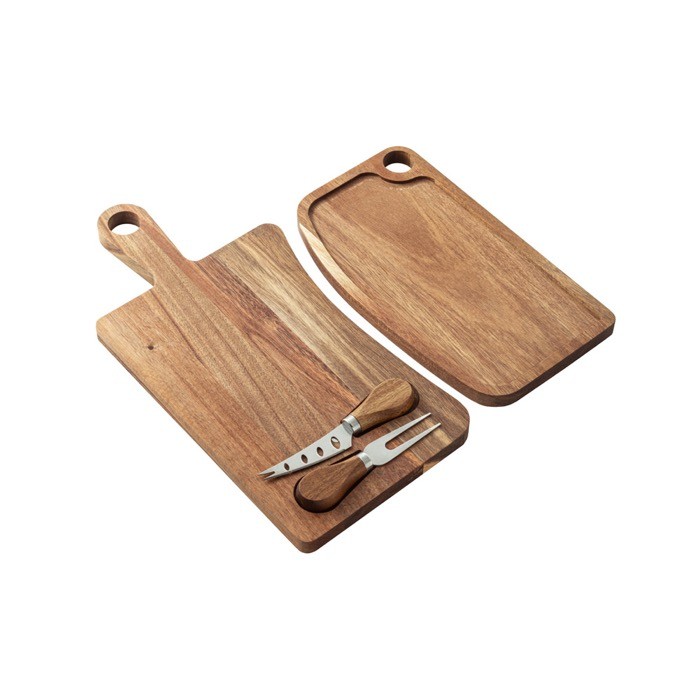 Tabla para cortar quesos de madera de acacia con 2 utensilios color madera oscura tercera vista