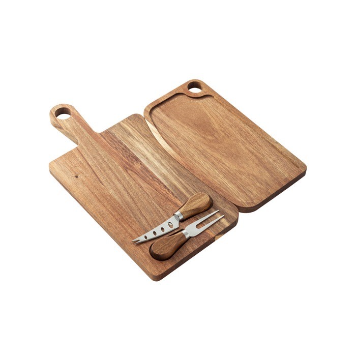 Tabla para cortar quesos de madera de acacia con 2 utensilios color madera oscura cuarta vista