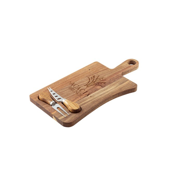Tabla para cortar quesos de madera de acacia con 2 utensilios color madera oscura imagen con logo