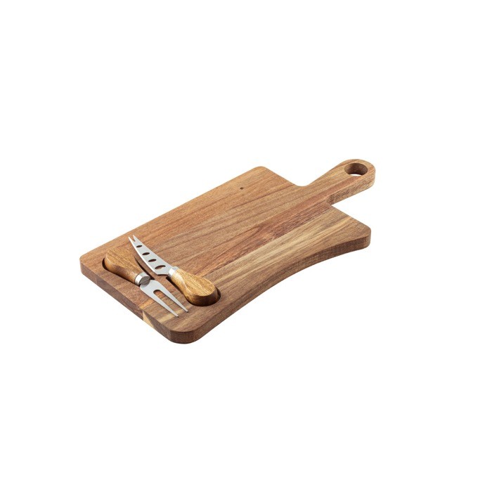 Tabla para cortar quesos de madera de acacia con 2 utensilios color madera oscura