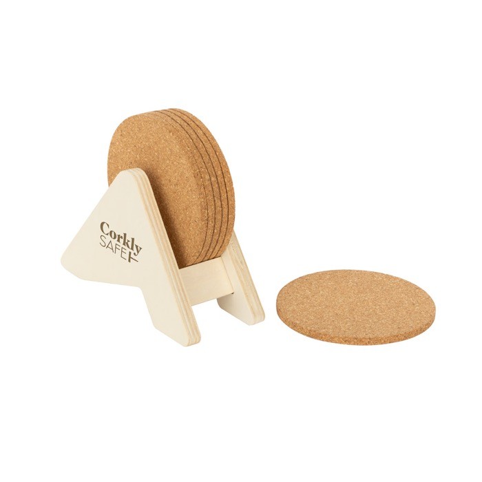 Soporte de madera contrachapada con 6 posavasos de corcho color natural imagen con logo 2 Soporte de madera contrachapada con 6 posavasos de corcho color natural imagen con logo 2
