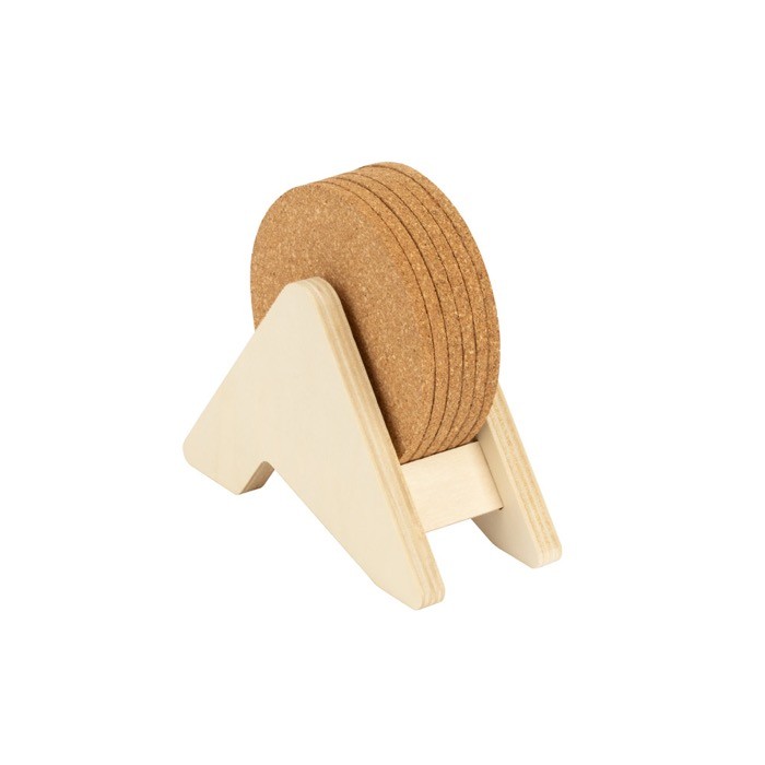Soporte de madera contrachapada con 6 posavasos de corcho color natural Soporte de madera contrachapada con 6 posavasos de corcho color natural