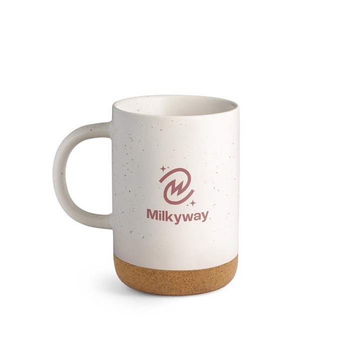 Taza de cerámica con base de corcho extraíble y diseño mate 320ml color blanco roto imagen con logo Taza de cerámica con base de corcho extraíble y diseño mate 320ml color blanco roto imagen con logo