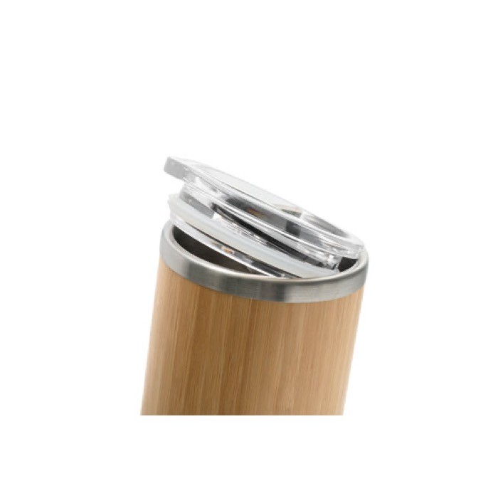 Vaso de acero inoxidable y bambú con doble pared y tapa 350ml color madera tercera vista Vaso de acero inoxidable y bambú con doble pared y tapa 350ml color madera tercera vista