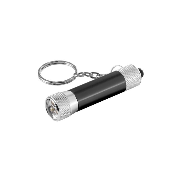 Llavero de aluminio parcialmente reciclado con linterna LED 3 posiciones color negro Llavero de aluminio parcialmente reciclado con linterna LED 3 posiciones color negro
