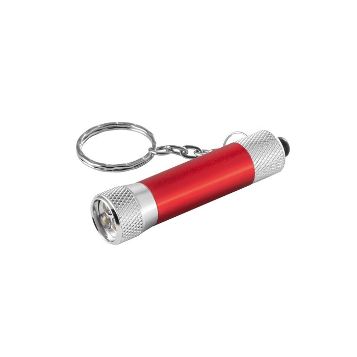 Llavero de aluminio parcialmente reciclado con linterna LED 3 posiciones color rojo Llavero de aluminio parcialmente reciclado con linterna LED 3 posiciones color rojo