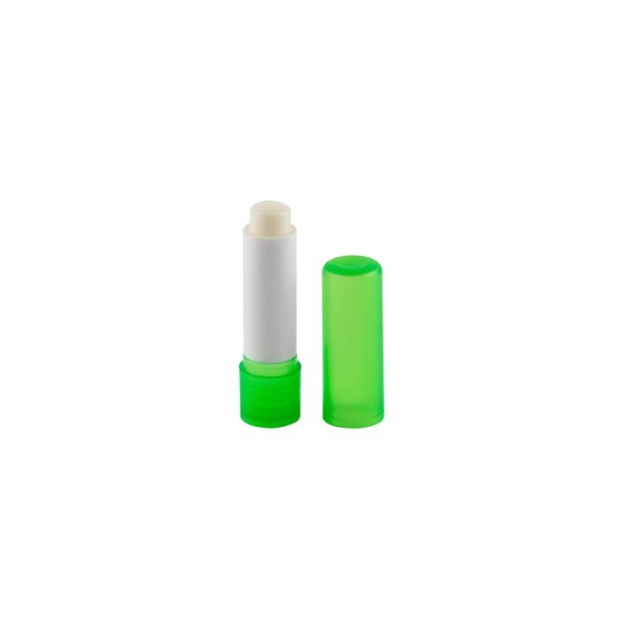 Bálsamo labial vegano con aroma de vainilla y envase transparente color verde claro primera vista Bálsamo labial vegano con aroma de vainilla y envase transparente color verde claro primera vista