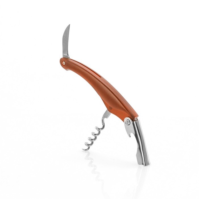 Sacacorchos de acero inoxidable con abridor y cortacápsulas color naranja primera vista