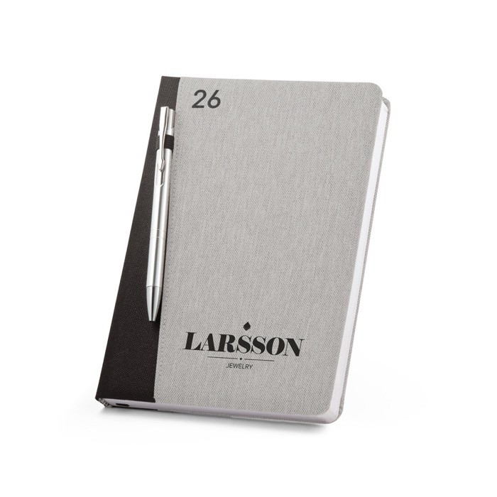 Agenda reciclada de dos colores con logotipo vista cuarta