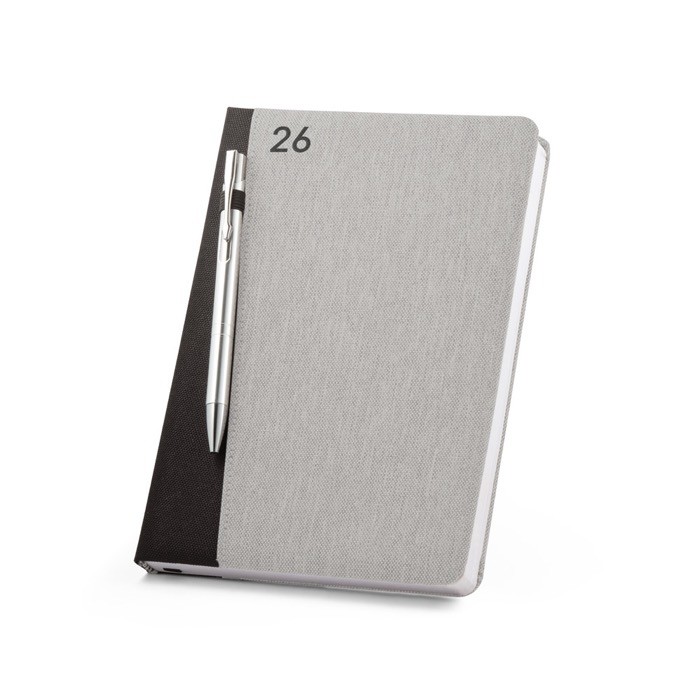 Agenda reciclada de dos colores con logotipo vista tercera