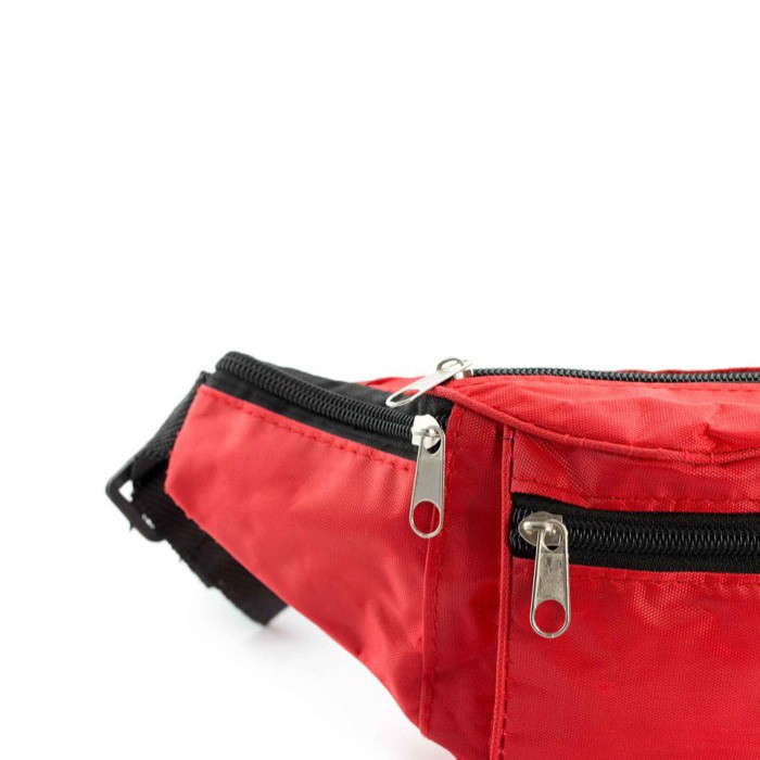 Riñonera de poliéster con 4 bolsillos y cinta ajustable color rojo cuarta vista