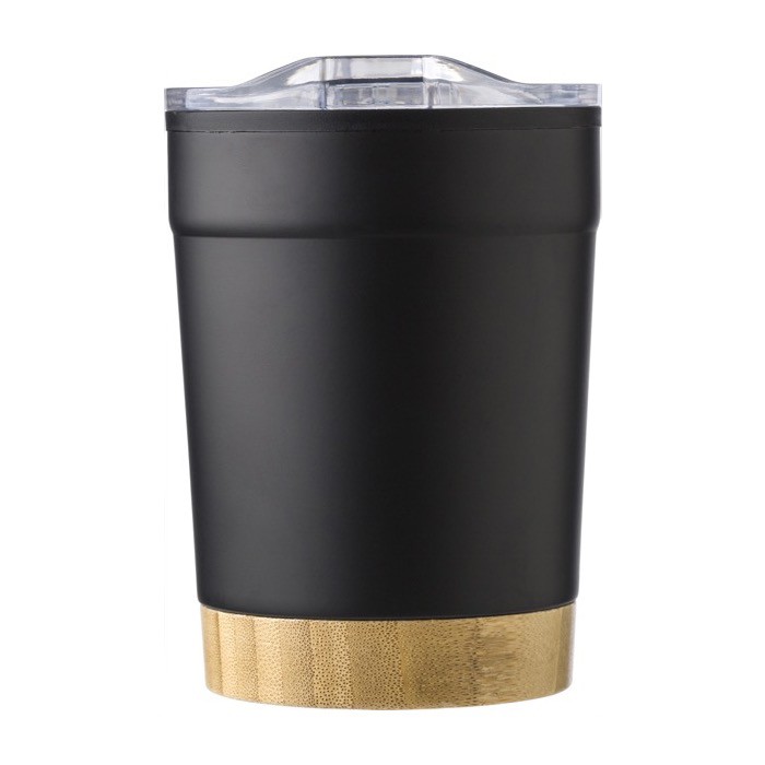 Taza de acero inoxidable con base de bambú y tapa a presión 300ml color negro primera vista Taza de acero inoxidable con base de bambú y tapa a presión 300ml color negro primera vista