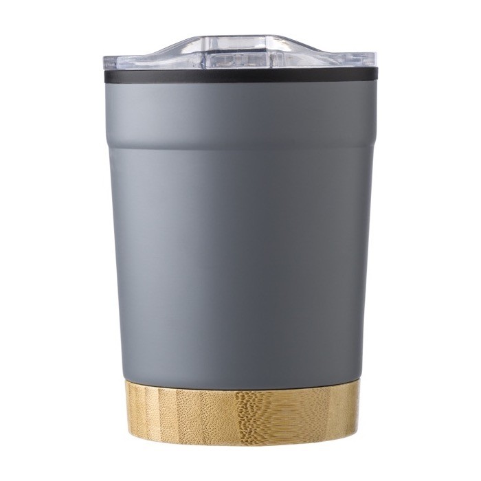 Taza de acero inoxidable con base de bambú y tapa a presión 300ml color gris primera vista Taza de acero inoxidable con base de bambú y tapa a presión 300ml color gris primera vista