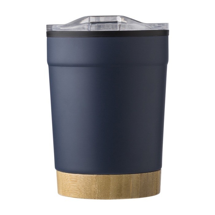 Taza de acero inoxidable con base de bambú y tapa a presión 300ml color azul marino primera vista Taza de acero inoxidable con base de bambú y tapa a presión 300ml color azul marino primera vista