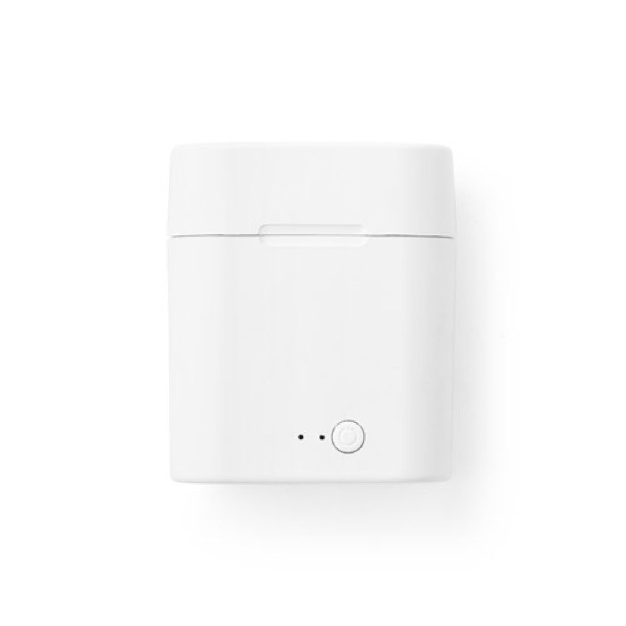 Auriculares inalámbricos con micrófono color blanco en caja segunda vista Auriculares inalámbricos con micrófono color blanco en caja segunda vista