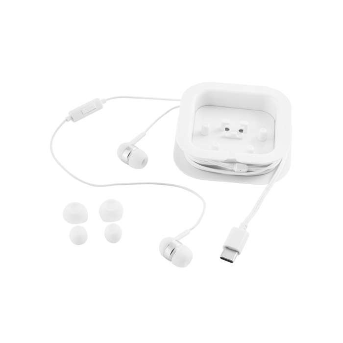Auriculares con micrófono y dos pares de adaptadores de silicona color blanco tercera vista Auriculares con micrófono y dos pares de adaptadores de silicona color blanco tercera vista