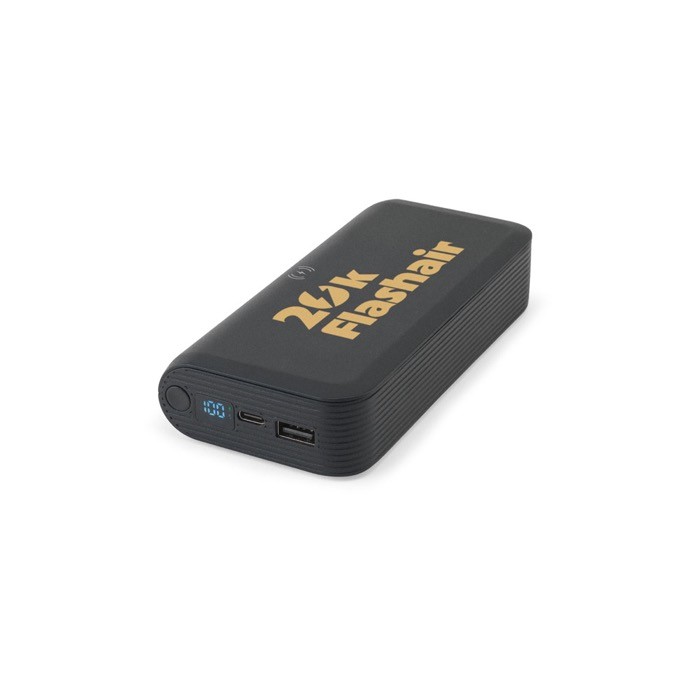 Batería externa ecológica con carga ultrarrápida y LED 20000 mAh color negro imagen con logo Batería externa ecológica con carga ultrarrápida y LED 20000 mAh color negro imagen con logo