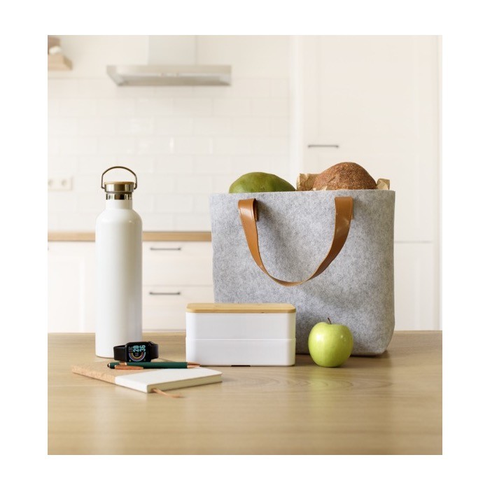Bolsa de fieltro reciclado con asas de cuero sintético color gris claro tercera vista Bolsa de fieltro reciclado con asas de cuero sintético color gris claro tercera vista