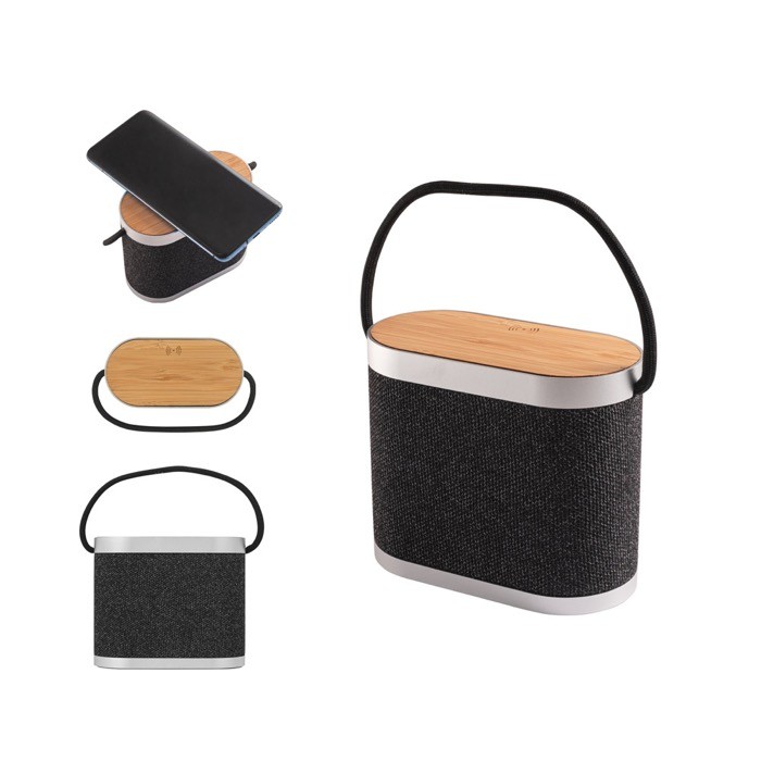 Altavoz portátil de RPET con cargador inalámbrico superrrápido varios colores Altavoz portátil de RPET con cargador inalámbrico superrrápido varios colores