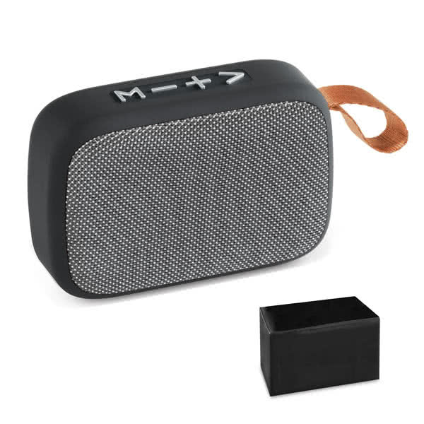 Altavoz Bluetooth minimalista con correa color gris cuarta vista con logo Altavoz Bluetooth minimalista con correa color gris cuarta vista con logo