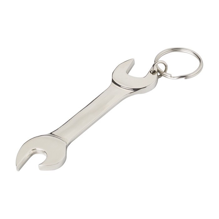 Llavero de metal con forma de llave inglesa y abrebotellas color plateado segunda vista