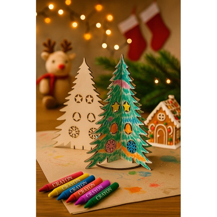 Árbol de Navidad en madera natural FSC™ plegable y para colorear vista bodegón Árbol de Navidad en madera natural FSC™ plegable y para colorear vista bodegón