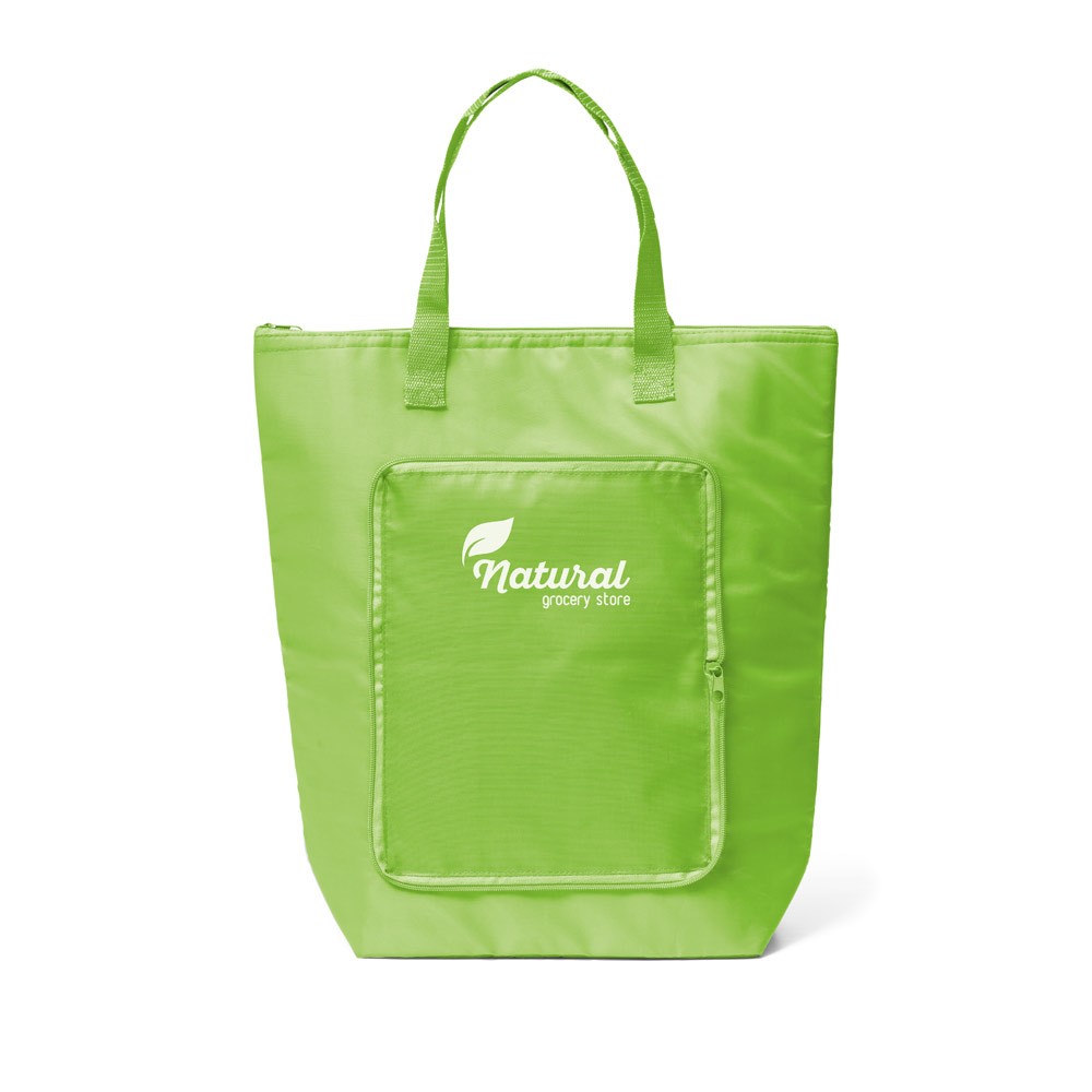 Bolsa plegable de poliéster que sirve de nevera con cremallera color verde claro imagen con logo