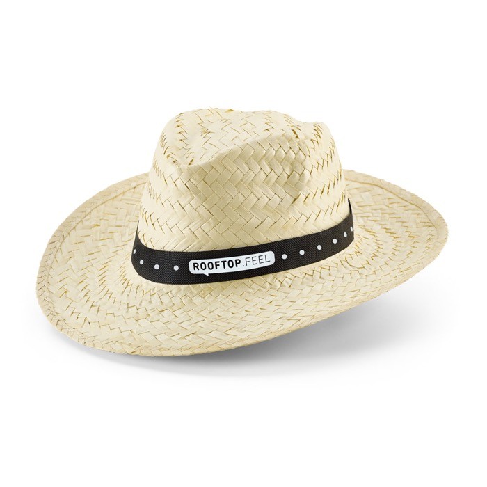 Sombrero de paja natural con cinta fabricada en poliéster color negro imagen con logo Sombrero de paja natural con cinta fabricada en poliéster color negro imagen con logo