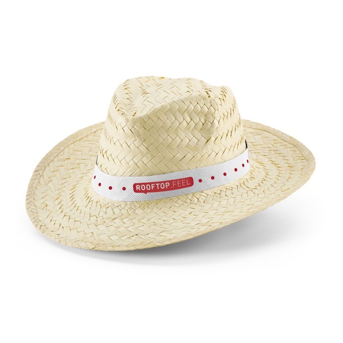 Sombrero de paja natural con cinta fabricada en poliéster color blanco imagen con logo Sombrero de paja natural con cinta fabricada en poliéster color blanco imagen con logo