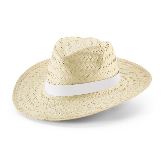 Sombrero hecho de paja natural que incluye cinta sublimada color blanco Sombrero hecho de paja natural que incluye cinta sublimada color blanco