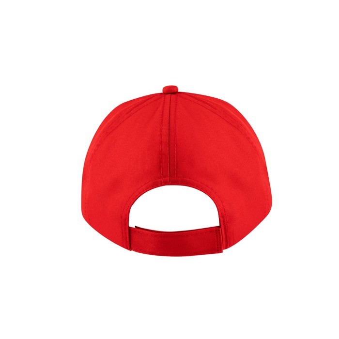 Gorra de poliéster reciclado con 5 paneles y cierre adhesivo 210 g/m2 color rojo tercera vista