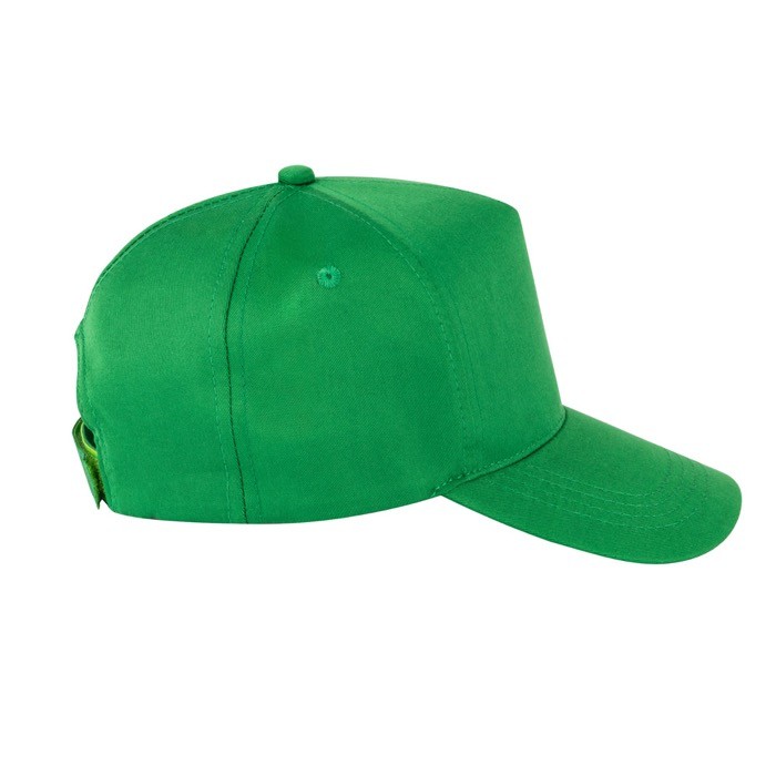 Gorra de poliéster reciclado con 5 paneles y cierre adhesivo 210 g/m2 color verde segunda vista