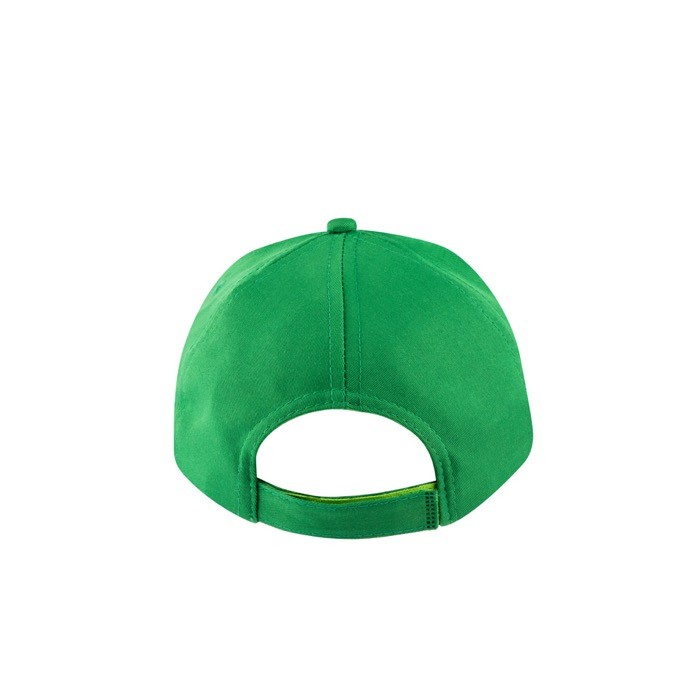 Gorra de poliéster reciclado con 5 paneles y cierre adhesivo 210 g/m2 color verde tercera vista