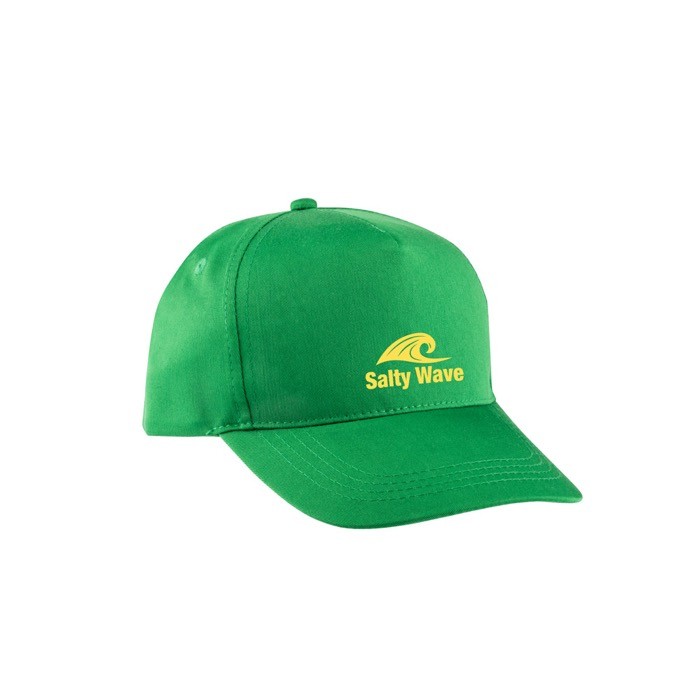 Gorra de poliéster reciclado con 5 paneles y cierre adhesivo 210 g/m2 color verde imagen con logo