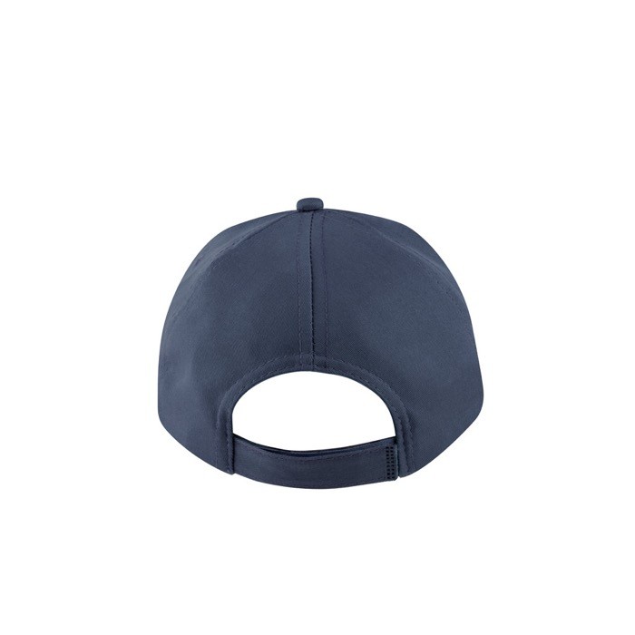 Gorra de poliéster reciclado con 5 paneles y cierre adhesivo 210 g/m2 color azul marino tercera vista