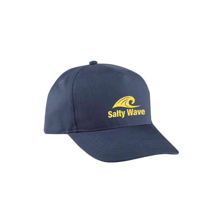 Gorra de poliéster reciclado con 5 paneles y cierre adhesivo 210 g/m2 color azul marino imagen con logo