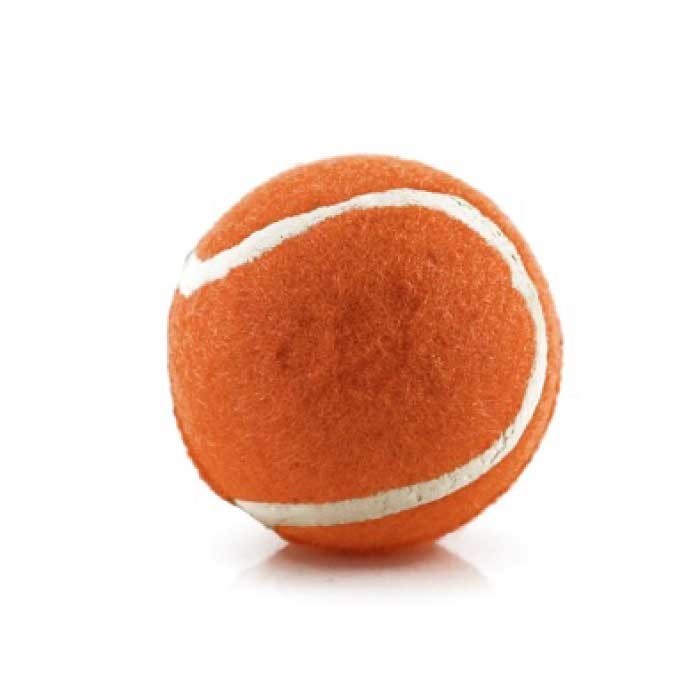 Clásica pelota para mascotas de goma forrada de material suave color naranja cuarta vista