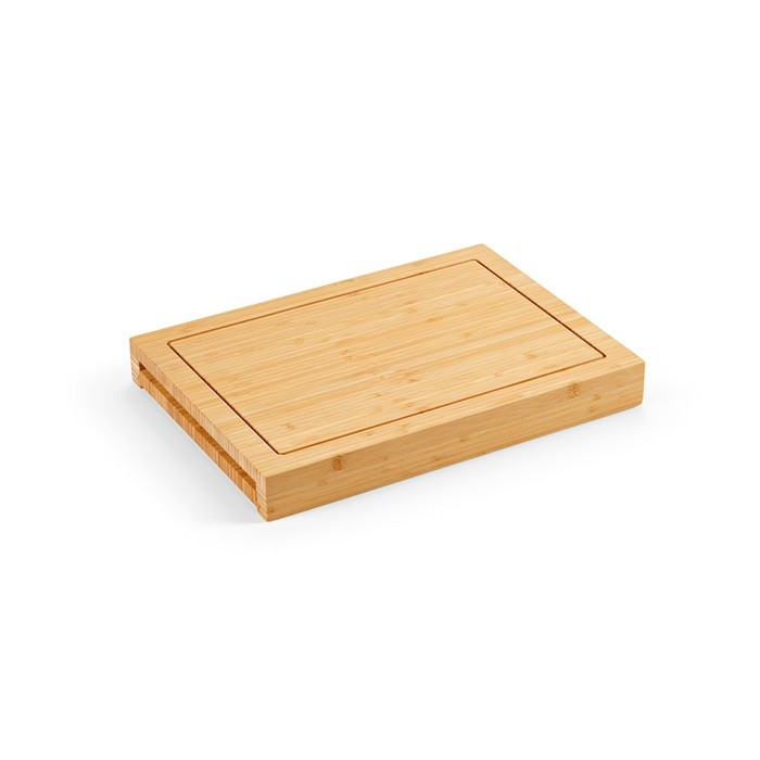 Tabla de bambú con bandeja deslizante y tres cuchillos de cocina color natural