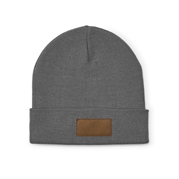 Gorro de lana y RPET con parche personalizable y pliegue original color gris vista frontal Gorro de lana y RPET con parche personalizable y pliegue original color gris vista frontal