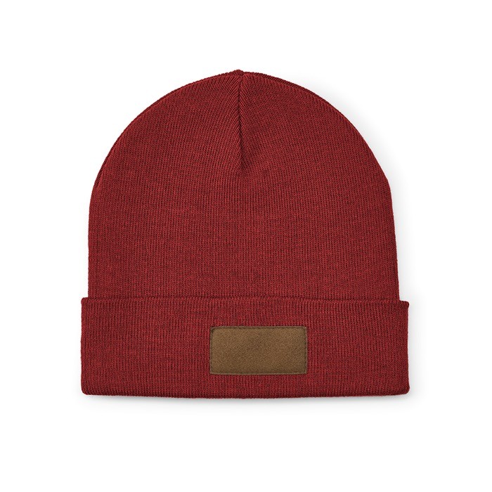 Gorro de lana y RPET con parche personalizable y pliegue original color burdeos vista frontal Gorro de lana y RPET con parche personalizable y pliegue original color burdeos vista frontal