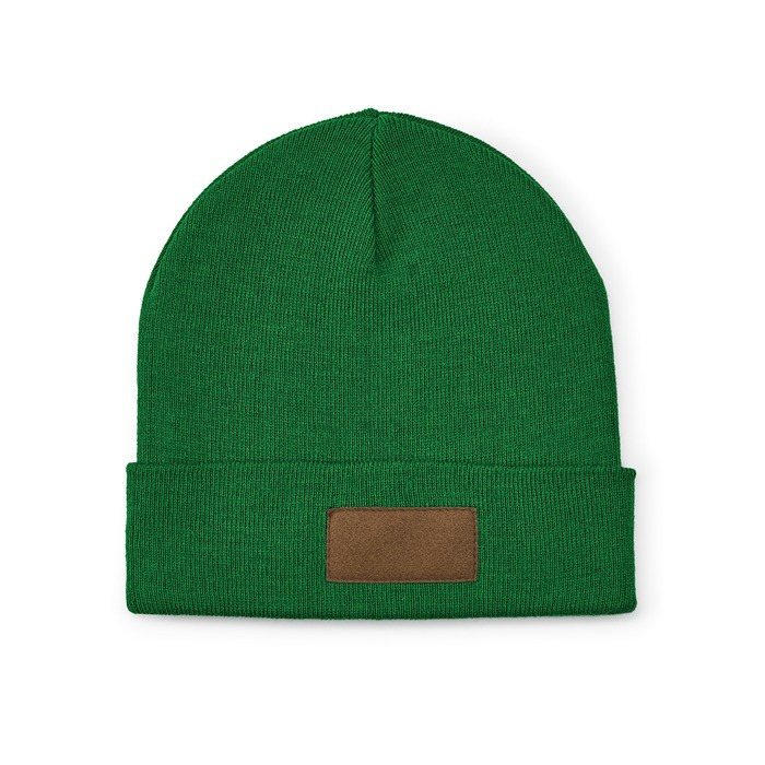 Gorro de lana y RPET con parche personalizable y pliegue original color verde oscuro vista frontal Gorro de lana y RPET con parche personalizable y pliegue original color verde oscuro vista frontal